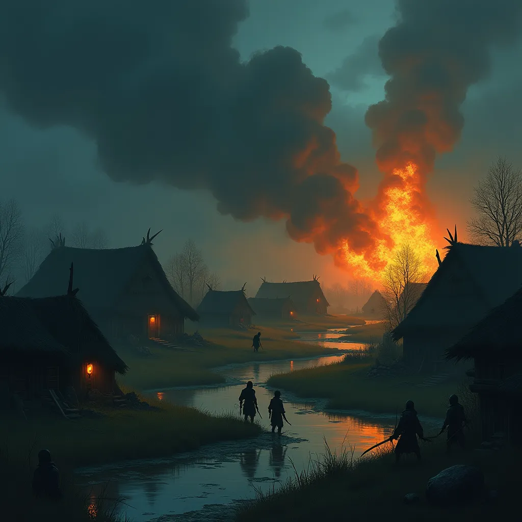 Licktoad Village burning as the party watches from the hill