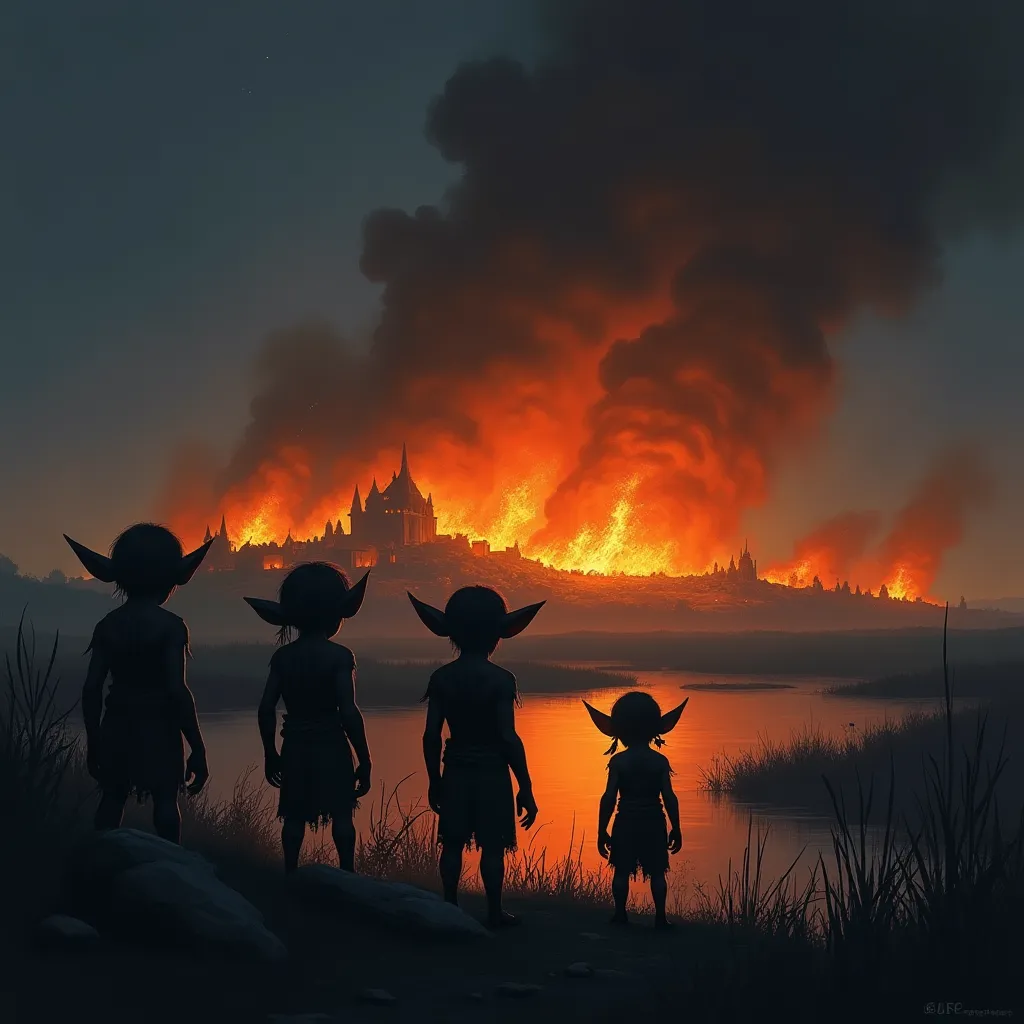 Die Goblins sehen ihr Dorf brennen